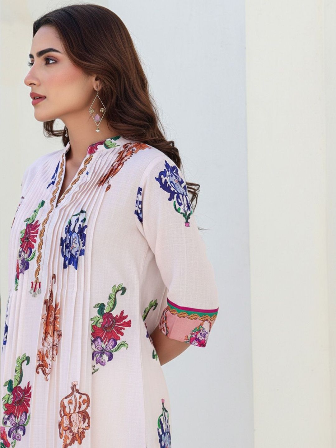 Floral Printed Pleated Pure Cotton Mandarin Collar Kurta With Trouser