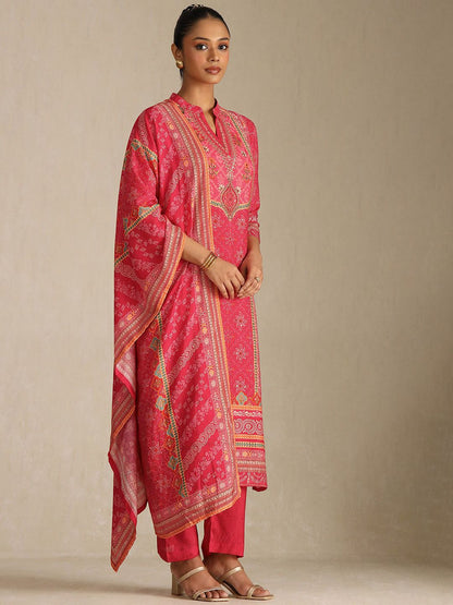 Dhiyona SO Women's Floral Printed Mandarin Collar Sequinned Straight Kurta With Trousers And Dupatta