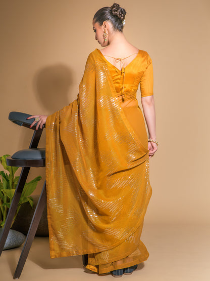 Women's Georgette Mustard Embellished Designer Saree With Blouse Piece