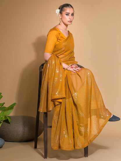 Women's Georgette Mustard Embellished Designer Saree With Blouse Piece