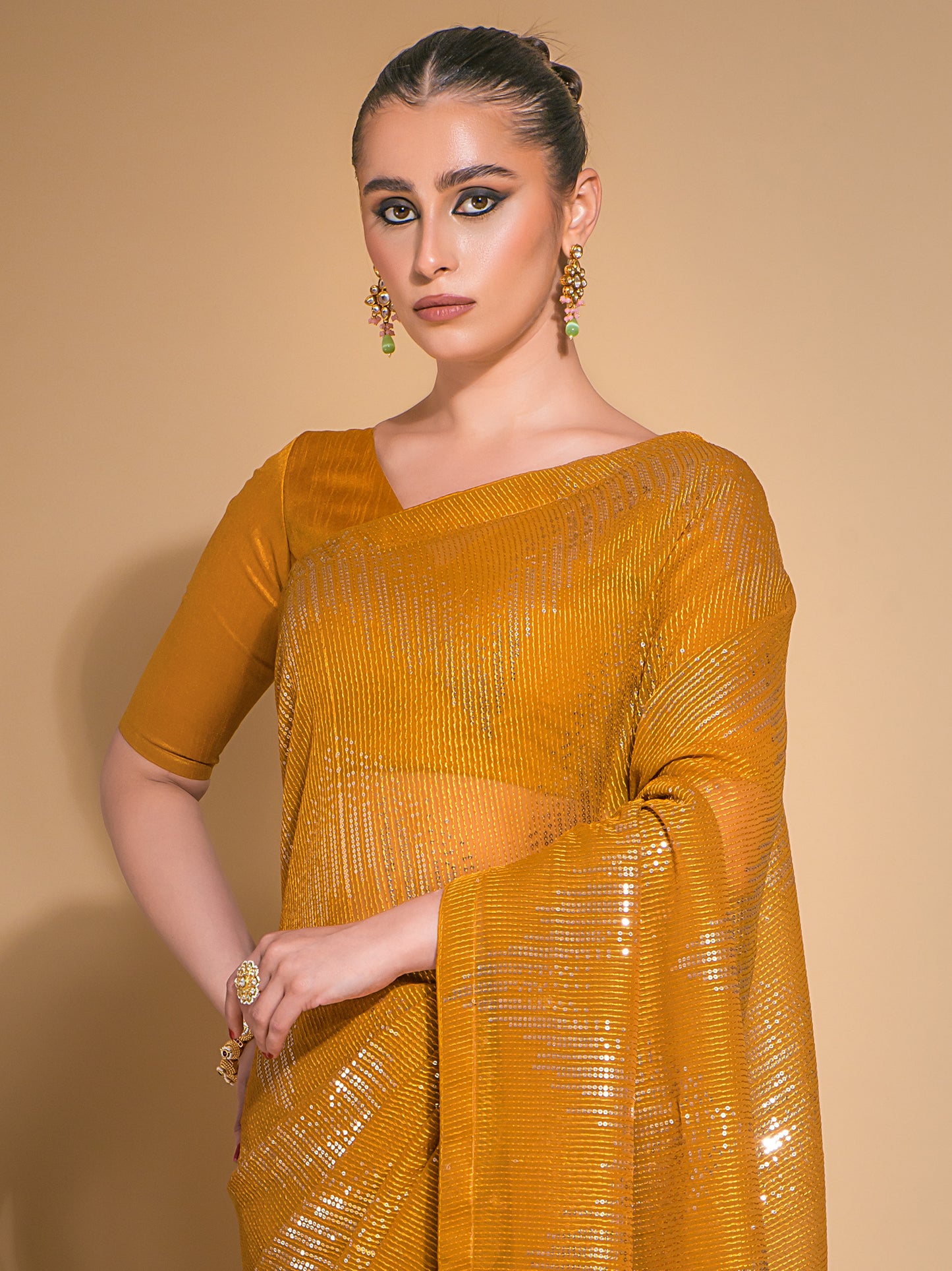 Women's Georgette Mustard Embellished Designer Saree With Blouse Piece