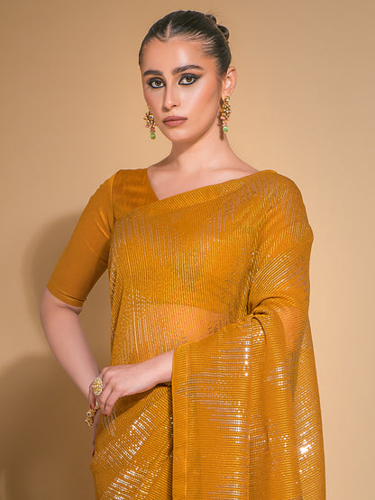 Women's Georgette Mustard Embellished Designer Saree With Blouse Piece