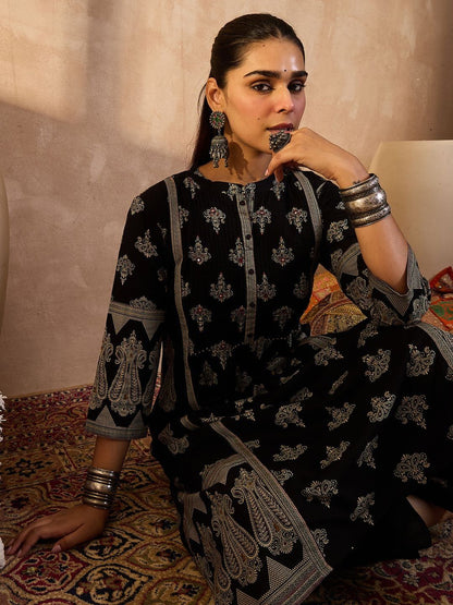 Ethnic Motifs Printed Panelled Band Collar Sequinned Pure Cotton Kurta & Trousers