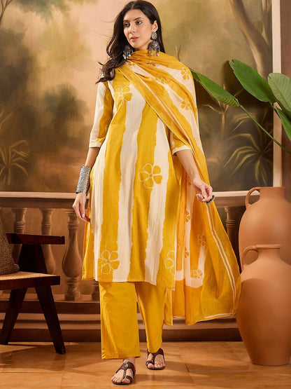 Dhiyona SN Women's Striped Pure Cotton Straight Kurta & Trousers With Printed Dupatta