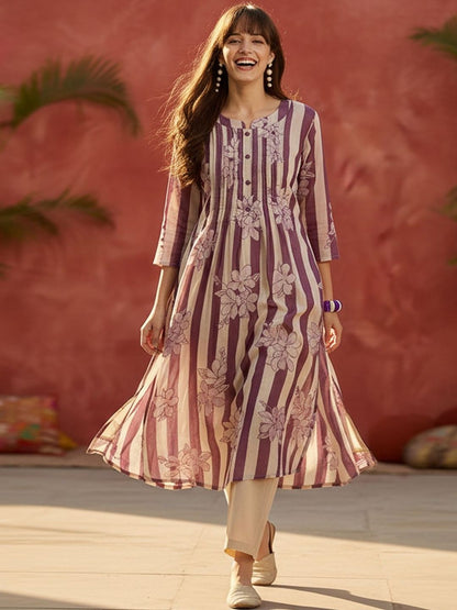 Striped Printed Round Neck Panelled Pure Cotton Kurta With Trousers