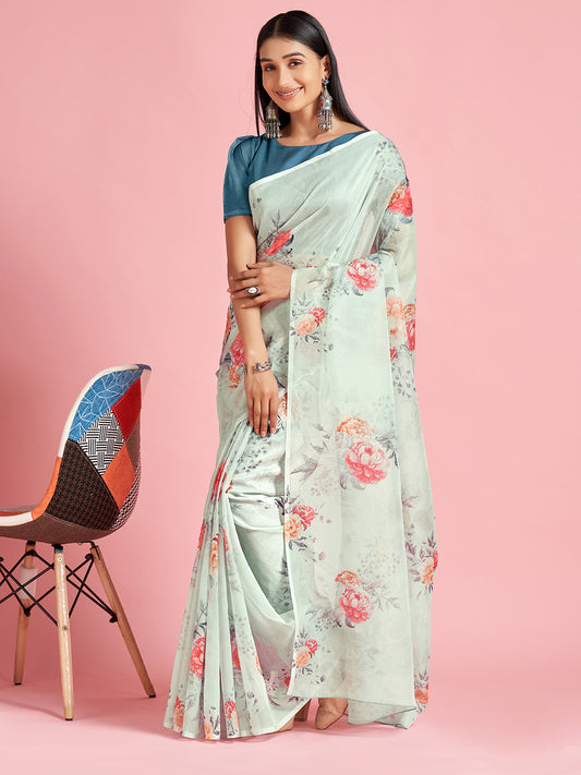 Women's Organza Turquoise Digital Print Designer Saree With Blouse Piece