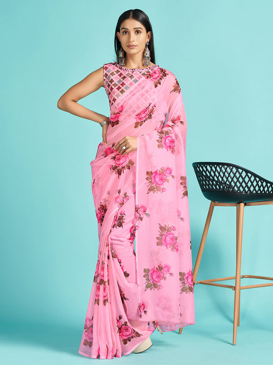 Women's Organza Pink Digital Print Designer Saree With Blouse Piece