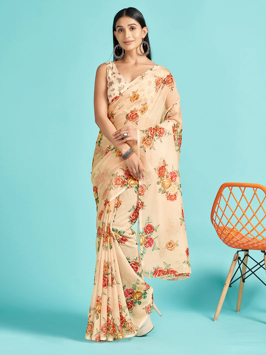 Women's Organza Cream Digital Print Designer Saree With Blouse Piece