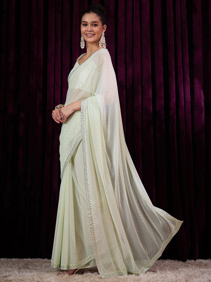 Women's Georgette Light Green Embellished Designer Saree With Blouse Piece