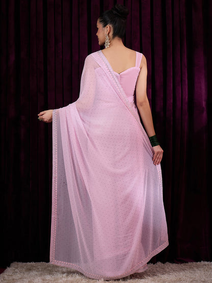 Women's Georgette Pink Embellished Designer Saree With Blouse Piece