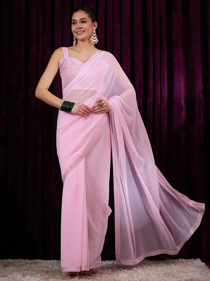Women's Georgette Pink Embellished Designer Saree With Blouse Piece