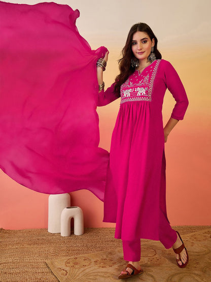 Dhiyona SN Women's Embroidered Notch Neck A-Line Kurta With Trousers & Dupatta