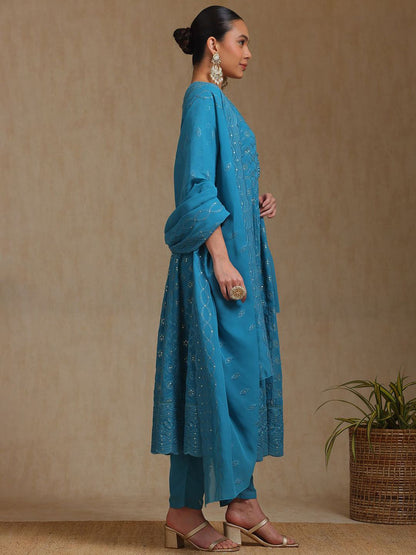 Dhiyona SO Women's Floral Embroidered V-Neck Sequinned Georgette A-Line Kurta With Trousers & Dupatta