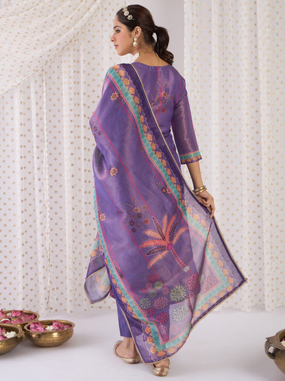 Dhiyona IE Floral Printed V-Neck Zari Straight Kurta With Trouser And Dupatta