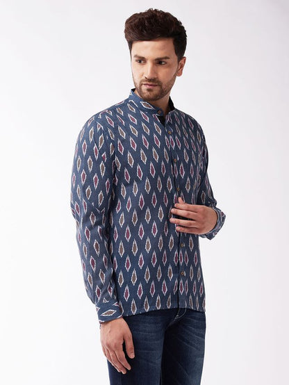 Men's Grey Cotton Blend Straight Ethnic Shirt
