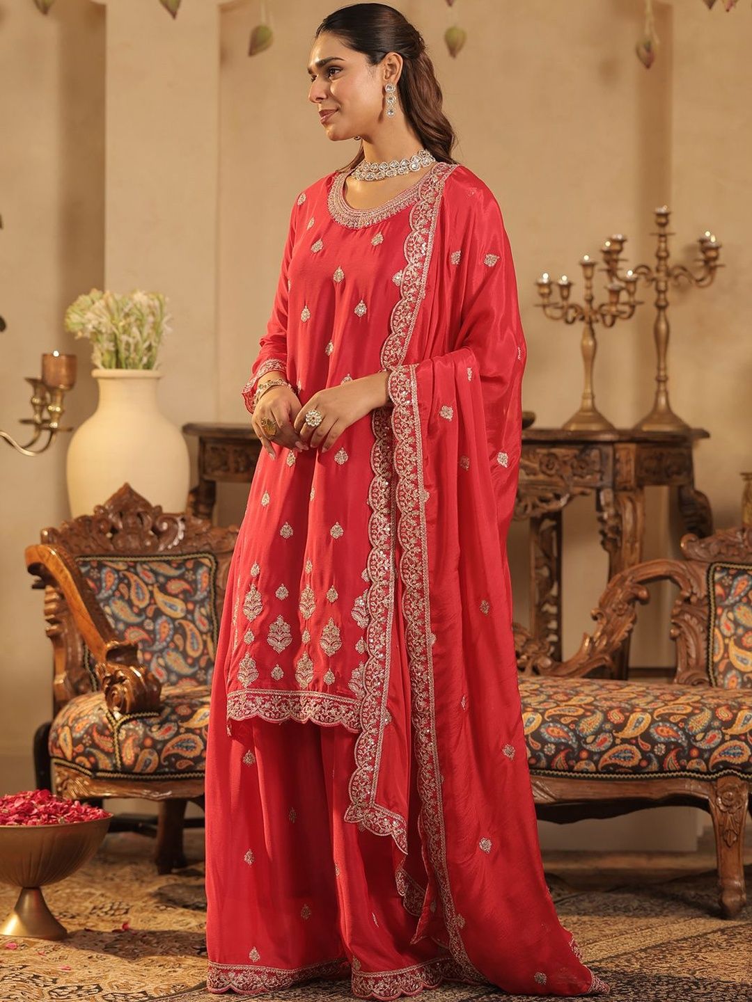 Ethnic Motifs Embroidered Straight Chinon Kurta & Palazzos With Dupatta