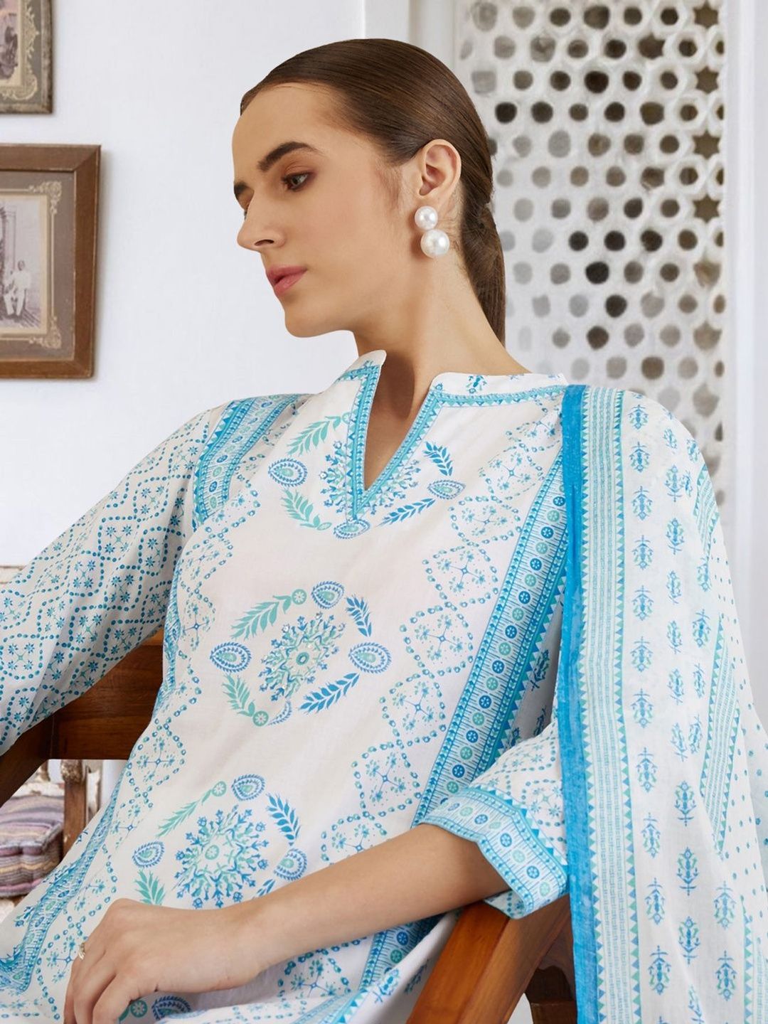 Dhiyona IE Women Ethnic Motifs Printed Regular Pure Cotton Kurta with Trousers & With Dupatta