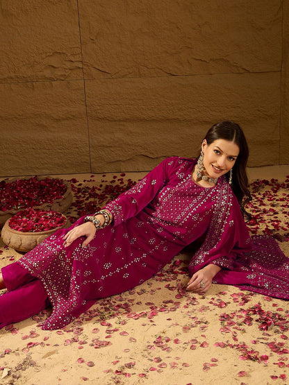 Dhiyona PD Women Floral Embroidered Velvet Straight Kurta With Trousers And Dupatta