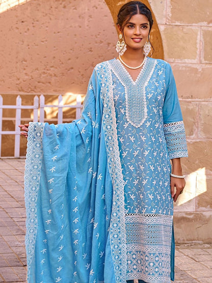 Women Ethnic Motifs Embroidered Regular Thread Work Pure Cotton Kurta with Trousers & With Dupatta