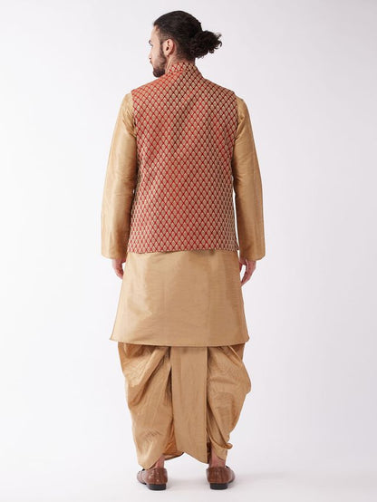 Men's Rose Gold Silk Blend Straight Jacket  Kurta and Dhoti Set