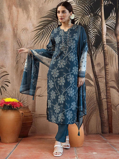Dhiyona SN Women's Floral Printed Notch Neck Mirror Work Modal Muslin Kurta & Trousers With Dupatta