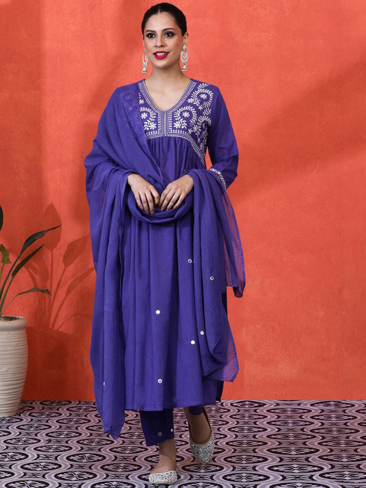 Dhiyona SN Women's Floral Embroidered Pure Cotton Anarkali Kurta And Trousers With Dupatta