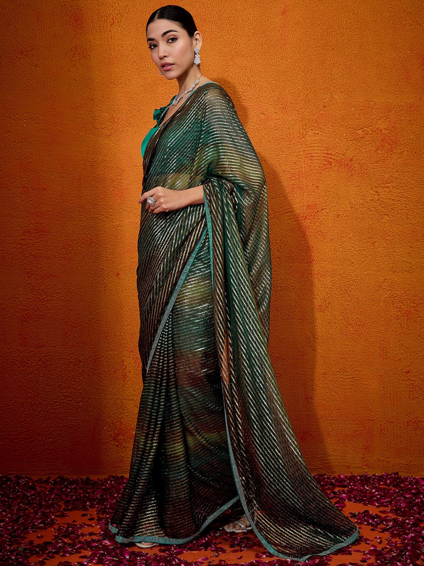 Women's Georgette Teal green Embellished Designer Saree With Blouse Piece