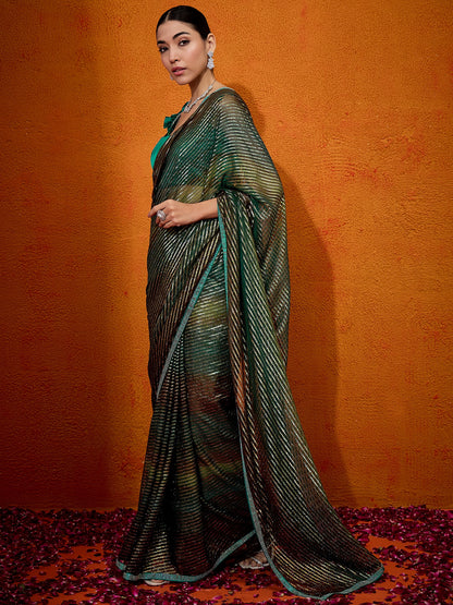 Women's Georgette Teal green Embellished Designer Saree With Blouse Piece