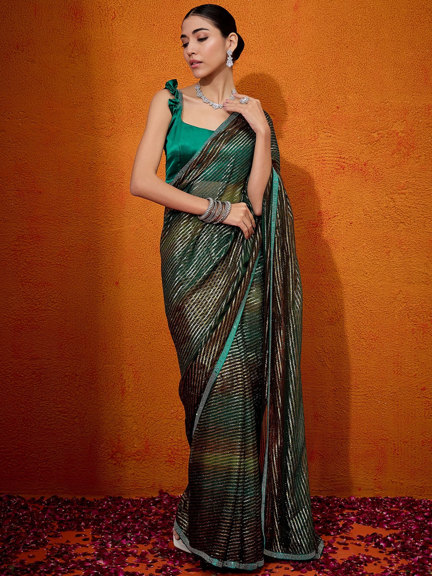 Women's Georgette Teal green Embellished Designer Saree With Blouse Piece