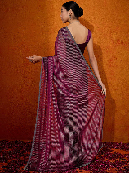 Women's Georgette Magenta Embellished Designer Saree With Blouse Piece