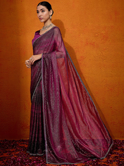 Women's Georgette Magenta Embellished Designer Saree With Blouse Piece