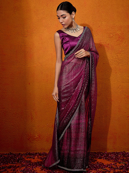Women's Georgette Magenta Embellished Designer Saree With Blouse Piece