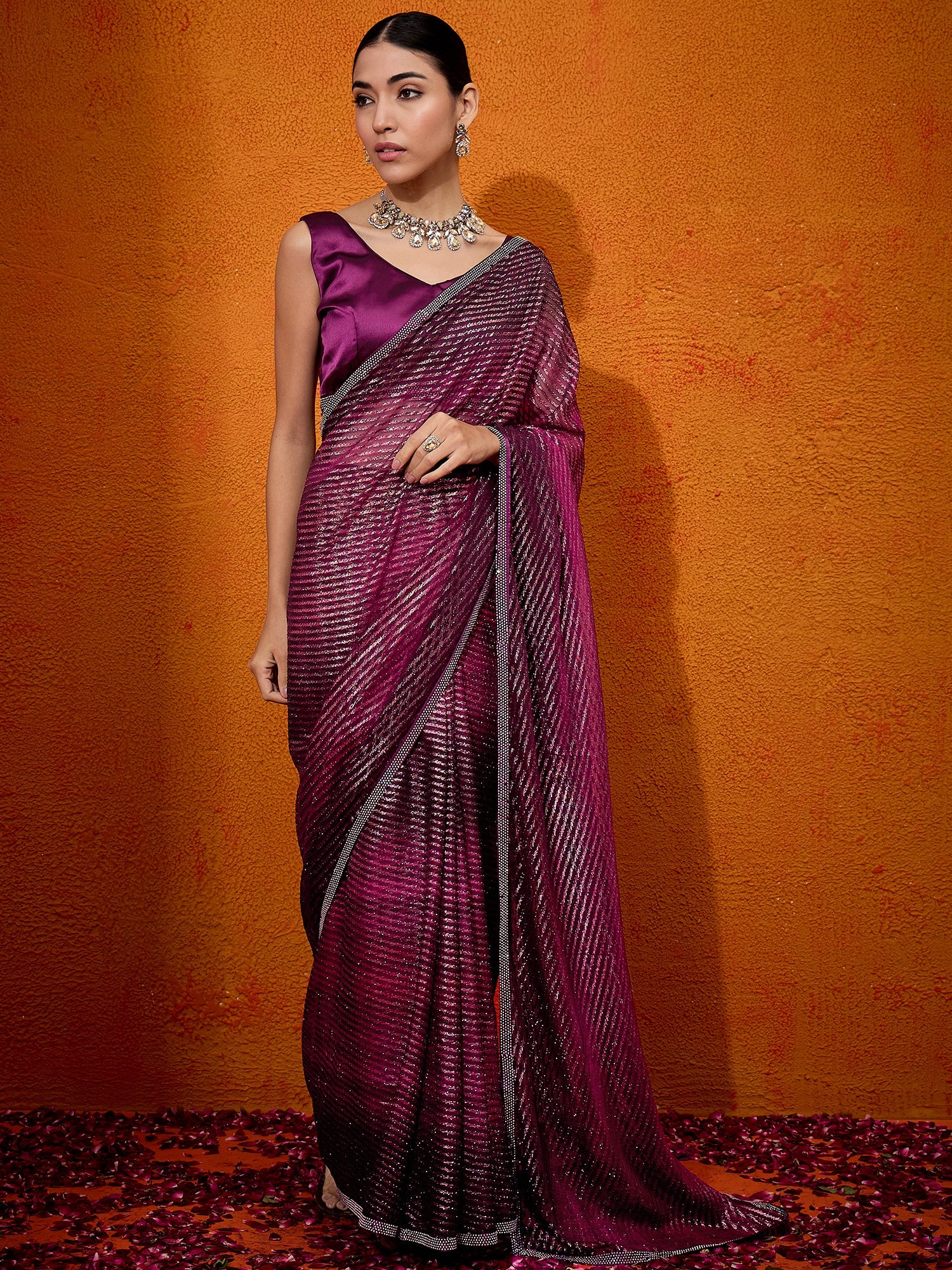 Women's Georgette Magenta Embellished Designer Saree With Blouse Piece