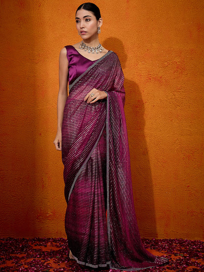 Women's Georgette Magenta Embellished Designer Saree With Blouse Piece