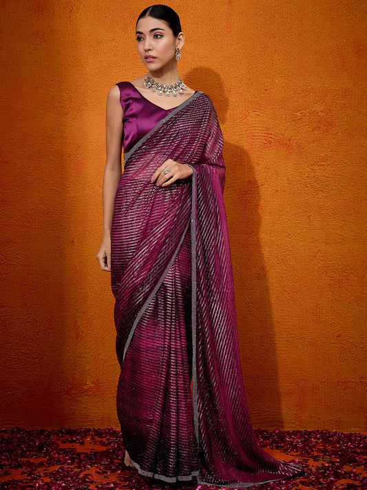 Women's Georgette Magenta Embellished Designer Saree With Blouse Piece