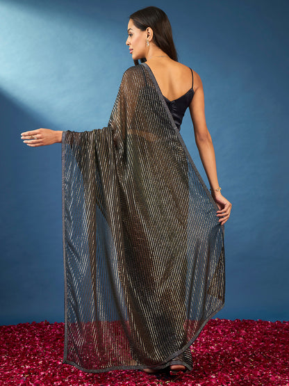 Women's Georgette Navy Blue Embellished Designer Saree With Blouse Piece