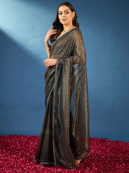 Women's Georgette Navy Blue Embellished Designer Saree With Blouse Piece