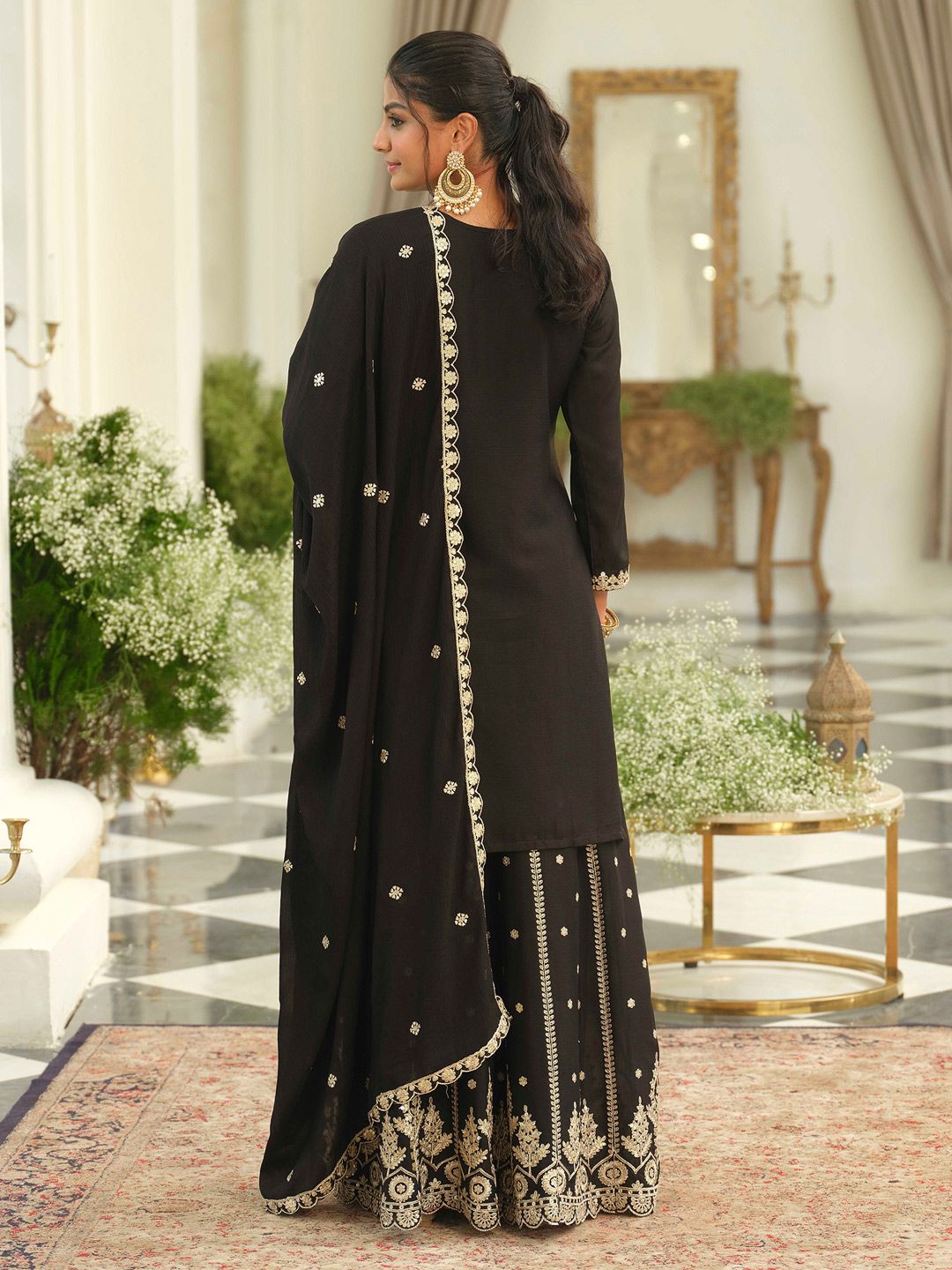 Ethnic Motifs Embroidered Chinon Straight Sequinned Kurta With Palazzos & Dupatta