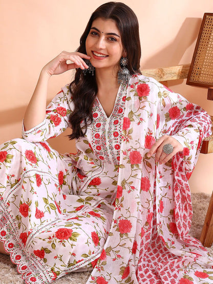 Dhiyona OD  Thread Work Pure Cotton Anarkali Kurta with Trousers & Dupatta