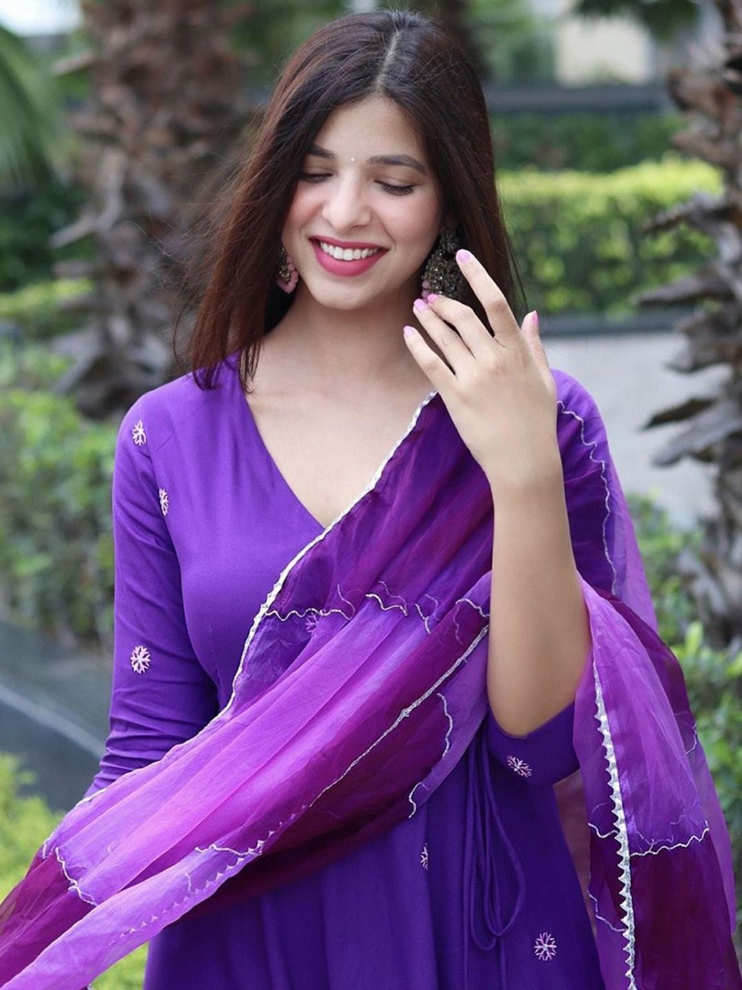 Dhiyona KL V Neck Floral Embroidered Anarkali Kurta With Trousers & Dupatta