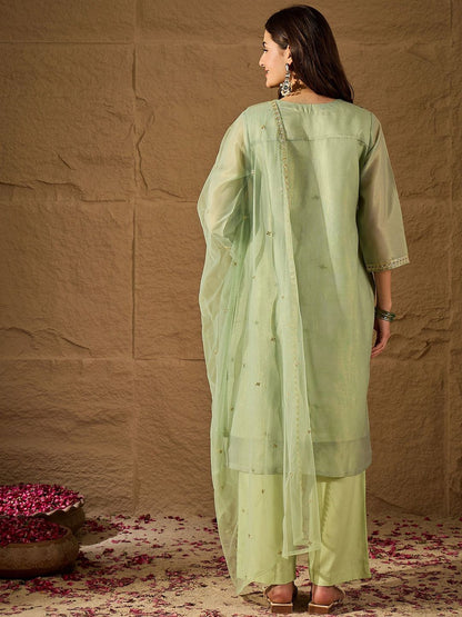 Dhiyona PD Women Floral Embroidered V-Neck Chanderi Cotton Kurta & Trousers With Dupatta