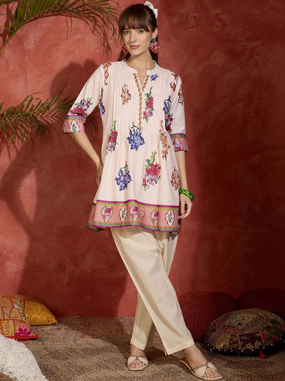 Women Floral Printed Regular Thread Work Pure Cotton Kurta with Trousers