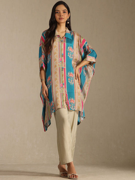 Dhiyona SO Women's Floral Printed Shirt Collar Beads And Stones Kaftan Kurta With Trousers