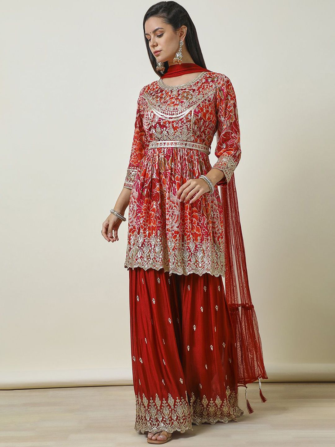 Dhiyona SO Women's Ethnic Motifs Embroidered Empire Sequinned Anarkali Kurti with Sharara & Dupatta