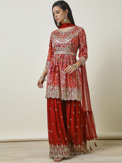 Dhiyona SO Women's Ethnic Motifs Embroidered Empire Sequinned Anarkali Kurti with Sharara & Dupatta