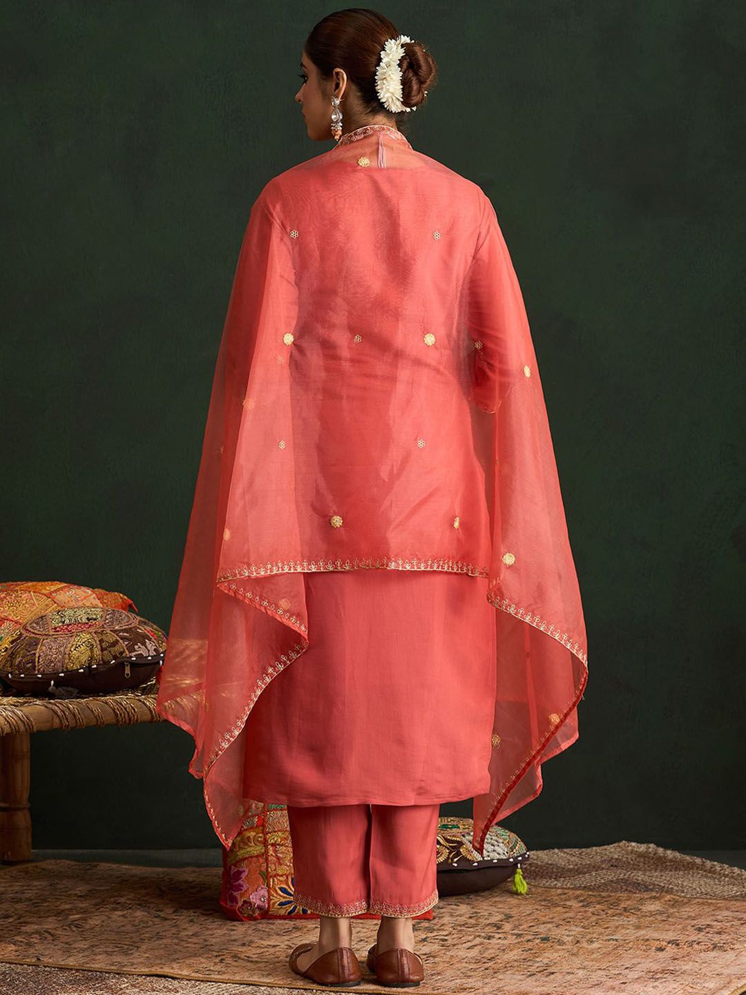 Dhiyona IE Orange Floral Embroidered Notch Neck Straight Kurta with Trousers & Dupatta