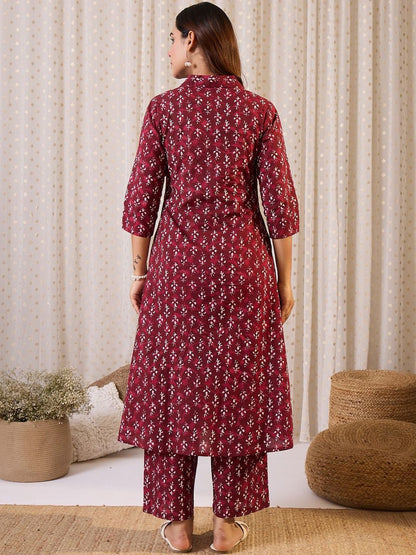 Women Floral Printed Pure Cotton Anarkali Kurta with Trouser