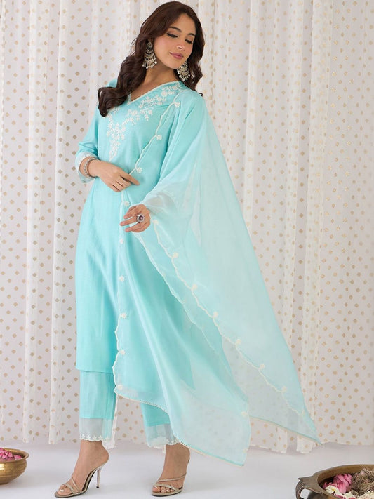 Women Ethnic Motifs Embroidered Regular Thread Work Liva Kurta with Trousers & With Dupatta