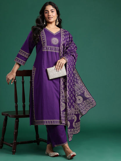 Ethnic Motifs Print Mirror Work Pure Cotton Kurta with Palazzos & Dupatta