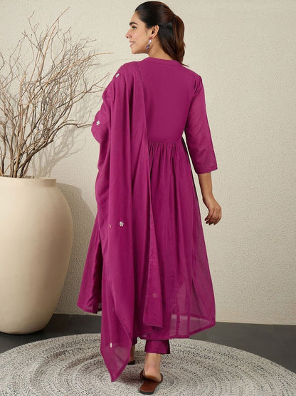 Women Floral Embroidered Cotton Anarkali Kurta with Trousers & Dupatta